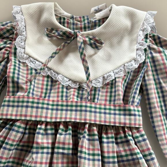 Vtg Dress Toddler Girl 4T Green Long Sleeve Lace Bib Collar Plaid Christmas Bow - Picture 2 of 6